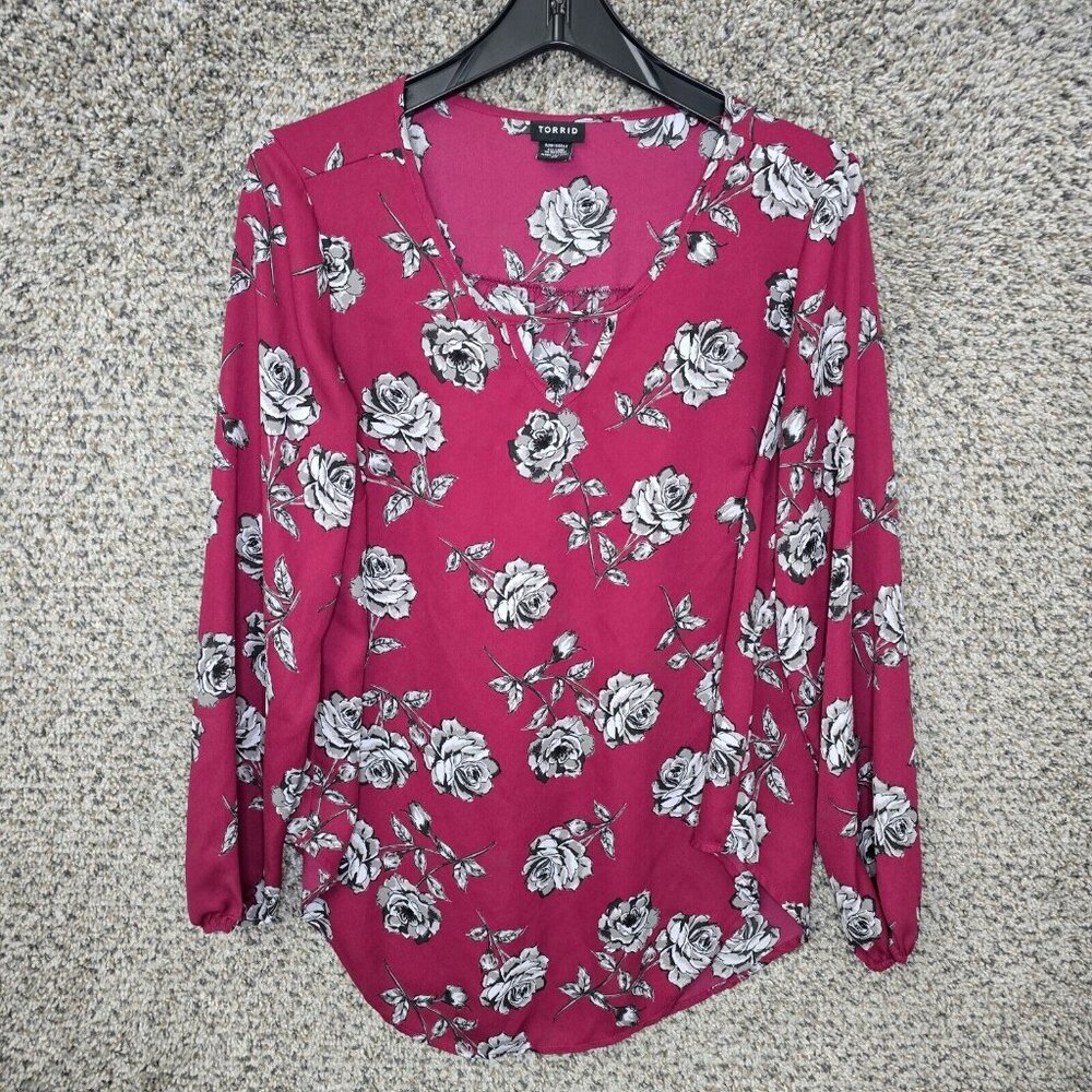Torrid Top Womens 00 US 10 Burgundy Floral Print Semi Sheer Keyhole Neck‎ Blouse
